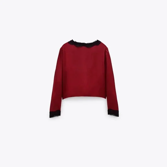 Zara burgundy & black lace-like accent blouse top - Picture 6 of 12